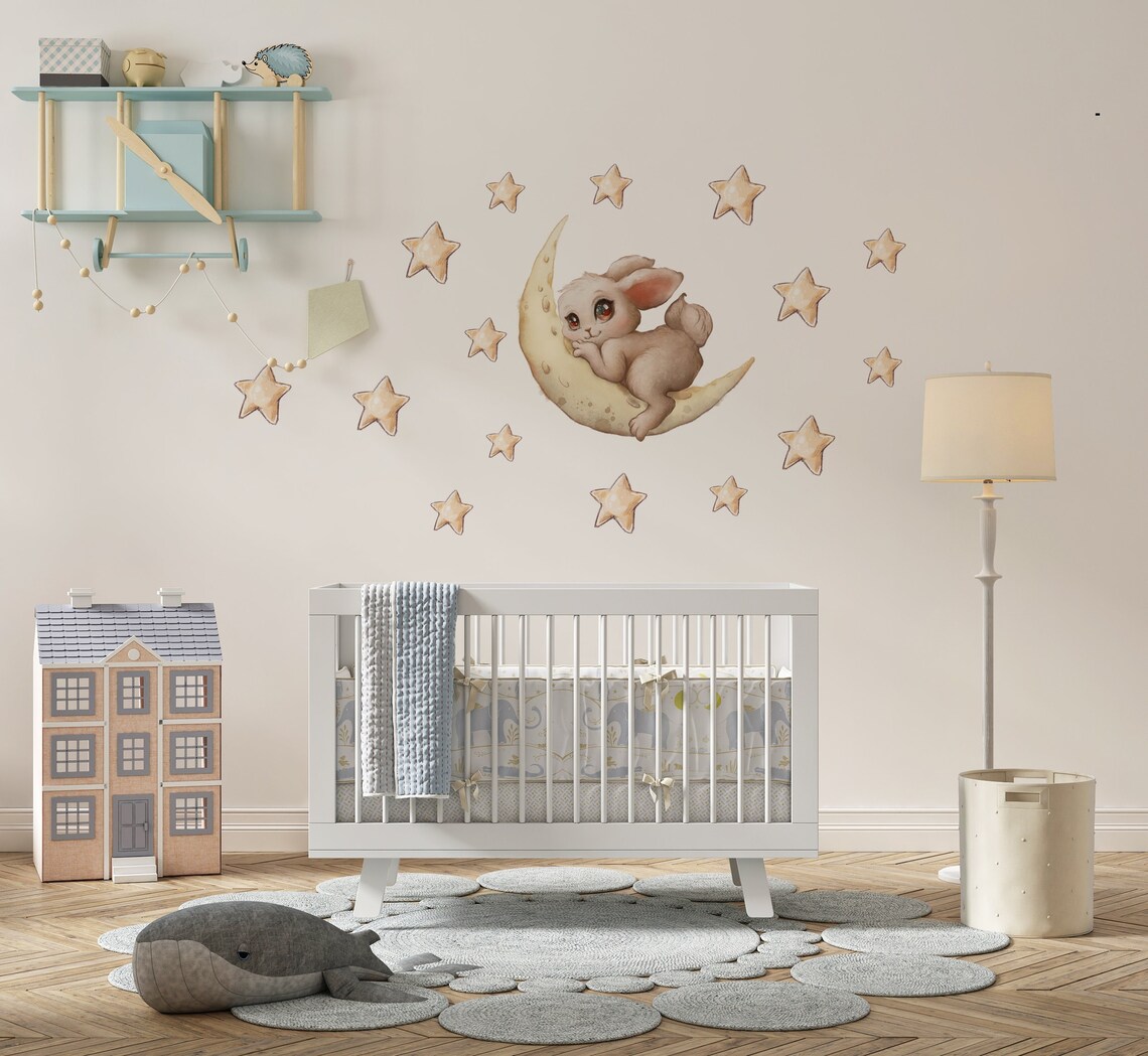Nursery Wall Decal, Bunny Wall Decal, Moon Stars Wall Decal, Bunny ...