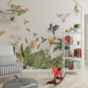 calcomanías de la selva para guardería, pegatinas de la selva, calcomanías de pared para guardería, calcomanías para habitación infantil, calcomanía de mariposa, calcomanía de pájaros tropicales, parrots and monkey