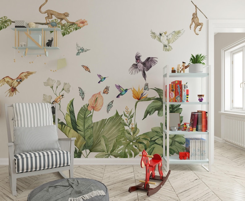 calcomanías de la selva para guardería, pegatinas de la selva, calcomanías de pared para guardería, calcomanías para habitación infantil, calcomanía de mariposa, calcomanía de pájaros tropicales, parrots and monkey