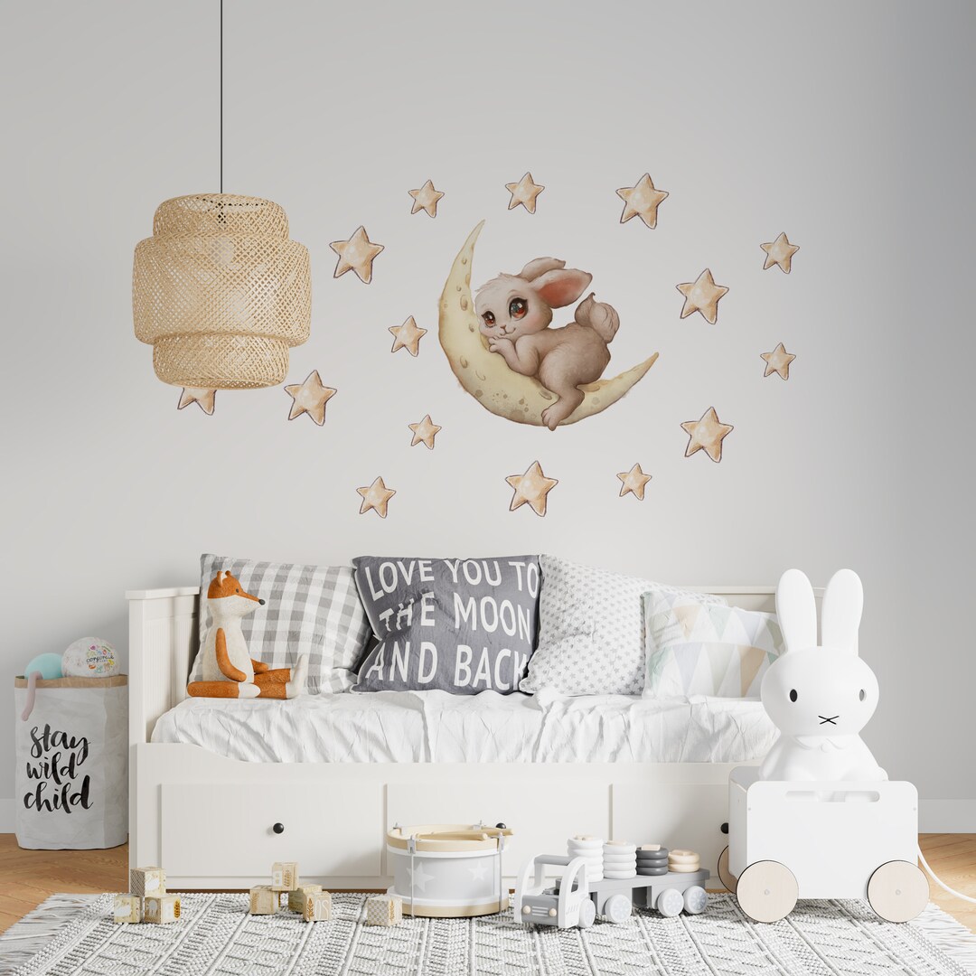 Nursery Wall Decal, Bunny Wall Decal, Moon Stars Wall Decal, Bunny ...