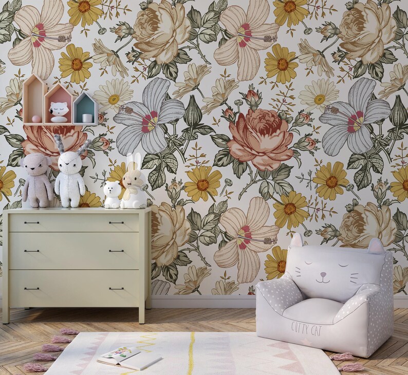 floral wallpaper, boho wallpaper, removable wallpaper, peel stick wallpaper, temporary wallpaper, kids room wallpaper image 9
