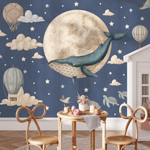 Whales and ships wallpaper, nursery wallpaper peel and stick, Nursery wall mural, Space and stars wall art