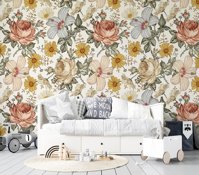 floral wallpaper, boho wallpaper, removable wallpaper, peel stick wallpaper, temporary wallpaper, kids room wallpaper image 5