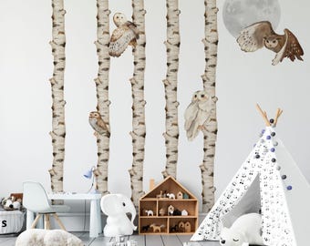 May include: A wall decal set featuring five vertical birch tree trunks with brown and white bark patterns, three owls in various poses, and a large gray moon. The design includes one owl in flight, one perched, and one white owl on the trees.