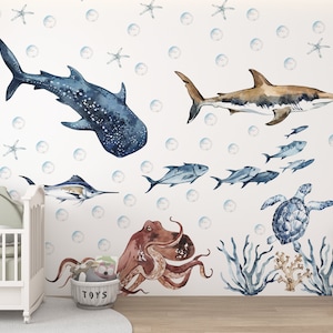Ocean Animals Wall Decal for Kids and Nursery,  sea animals wall sticker, Sticker Set Shark, sea Turtle, Watercolor Peel and stick