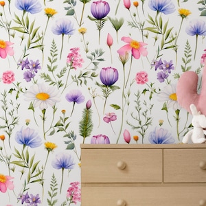 Aquarelle Wildfloral Papier peint Fleurs de jardin colorées Peinture murale Peel and Stick Papier peint floral d’été