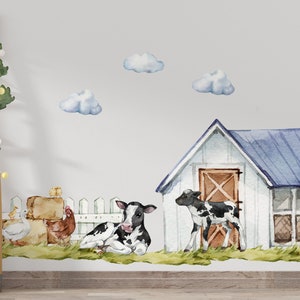 farm animal stickers for your kids. This wall decal for kids room contains small cows with small horses. Amazing barn with farm animals. farm animal nursery decor will look great in kids room