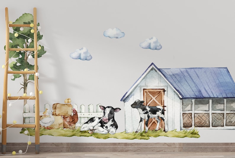 farm animal stickers for your kids. This wall decal for kids room contains small cows with small horses. Amazing barn with farm animals. farm animal nursery decor will look great in kids room