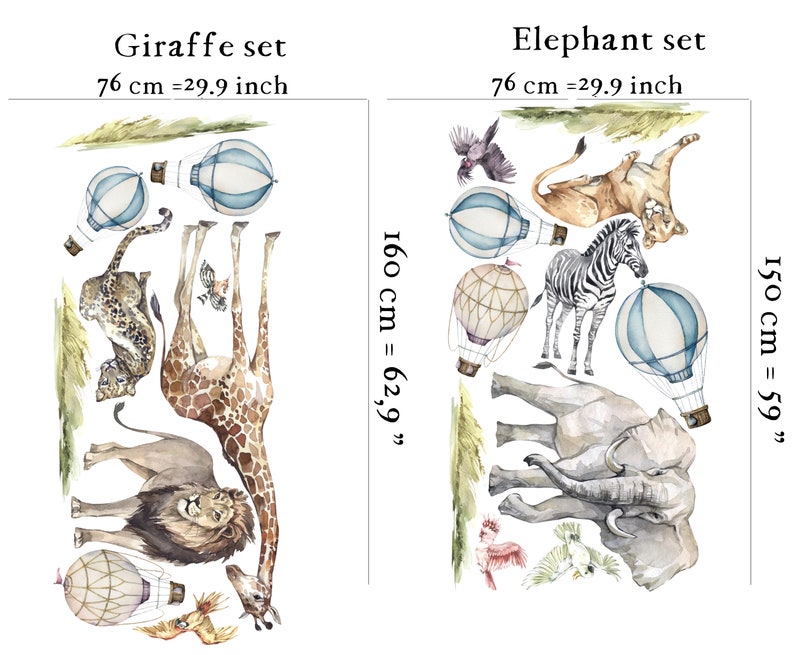 adesivi murali safari, decalcomanie murali safari, decalcomanie murali giungla, decorazioni per la scuola materna safari, decalcomanie murali giraffa, adesivi zebrati, immagine 2