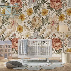 floral wallpaper, boho wallpaper, removable wallpaper, peel stick wallpaper, temporary wallpaper, kids room wallpaper image 3