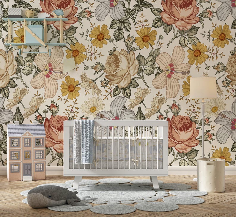 floral wallpaper, boho wallpaper, removable wallpaper, peel stick wallpaper, temporary wallpaper, kids room wallpaper image 3