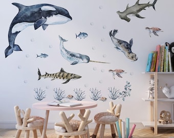 Vinilo decorativo de pared con animales marinos en acuarela: fácil de pegar y despegar. Decoración para la habitación del bebé.