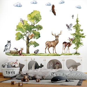 forest animals wall decals, nursery decal, woodland wall decals, forest decal, woodland wall stickers, tree wall decal, wolf wall decal