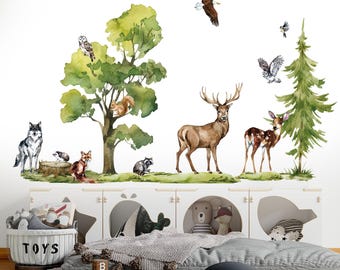 forest animals wall decals, nursery decal, woodland wall decals, forest decal, woodland wall stickers, tree wall decal, wolf wall decal