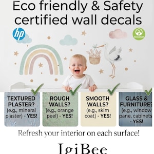 A smiling baby is shown in front of a wall decal featuring a stork, rainbow, and clouds. The wall decal is described as eco-friendly and safety certified, with options for textured plaster, rough walls, smooth walls, and glass and furniture. The image also includes a message encouraging the viewer to refresh their interior on each surface with the product from Igi Bee.