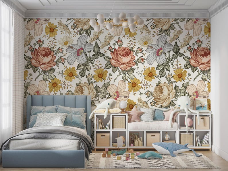floral wallpaper, boho wallpaper, removable wallpaper, peel stick wallpaper, temporary wallpaper, kids room wallpaper image 4