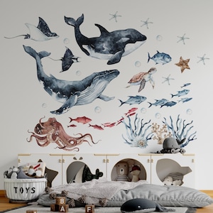 Ocean Animals Wall Decal for Kids and Nursery, sea animals wall sticker,  OCEAN Life with whale, fishes, jellyfishes, sea turtle,