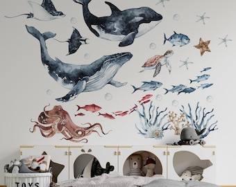 Ocean Animals Wall Decal for Kids and Nursery, sea animals wall sticker,  OCEAN Life with whale, fishes, jellyfishes, sea turtle,