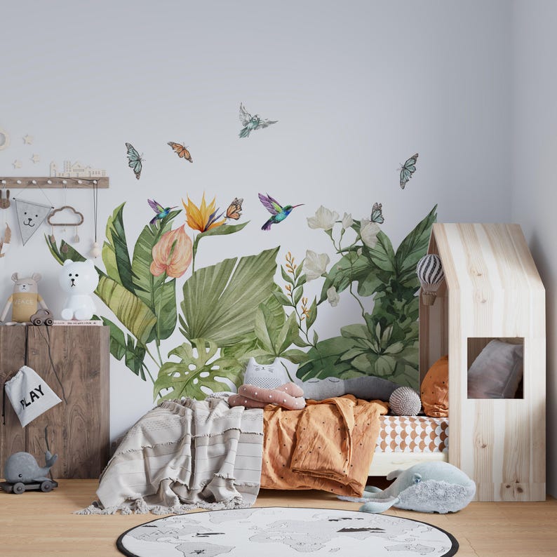 calcomanías de la selva para guardería, pegatinas de la selva, calcomanías de pared para guardería, calcomanías para habitación infantil, calcomanía de mariposa, calcomanía de pájaros tropicales, jungle set