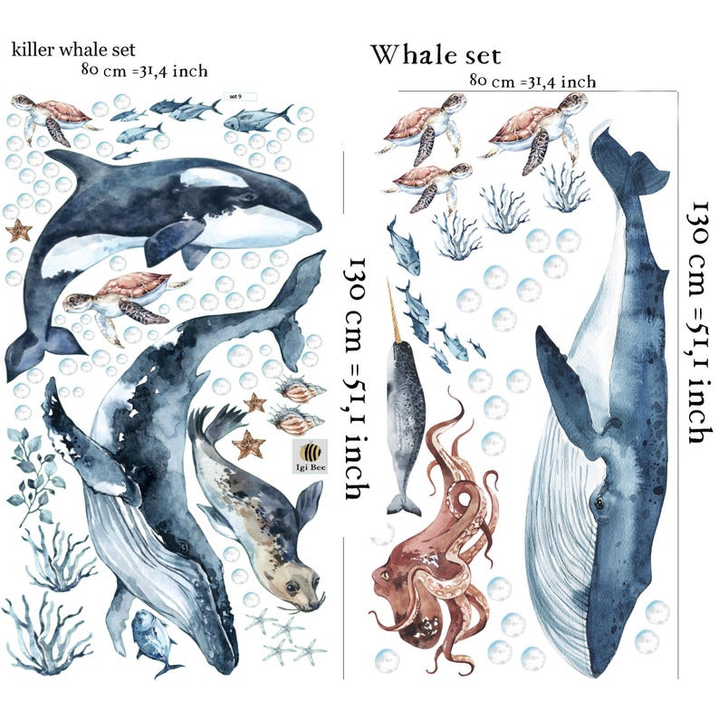 Ocean wall stickers set with watercolor whale, killer whale, octopus, narwhal, seal, and sea turtles
