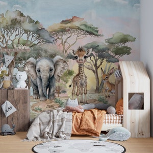 safari nursery wallpaper, safari nursery decor, african wallpaper,  jungle wallpaper, Kids Safari Jungle Animals Wallpaper