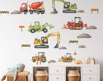 May include: A collection of watercolor-style wall decals featuring construction vehicles including a red cement mixer, a green excavator, a yellow bulldozer, a green front loader, a yellow excavator, a yellow tractor, and a yellow skid steer.