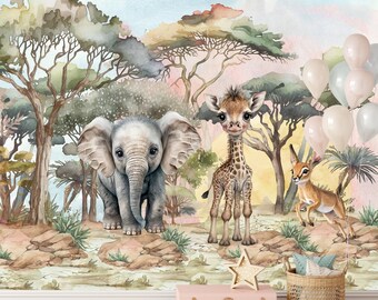 May include: A watercolor wall mural featuring a baby elephant, a giraffe, and a small antelope in a savanna landscape with acacia trees and rocks. A light pink storage chest and a woven basket with pastel balloons sit in the foreground.