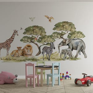 Adorable savanna wall decal for kids displaying giraffe wall decal alongside zebra stickers, tiger and lion in safari scene.