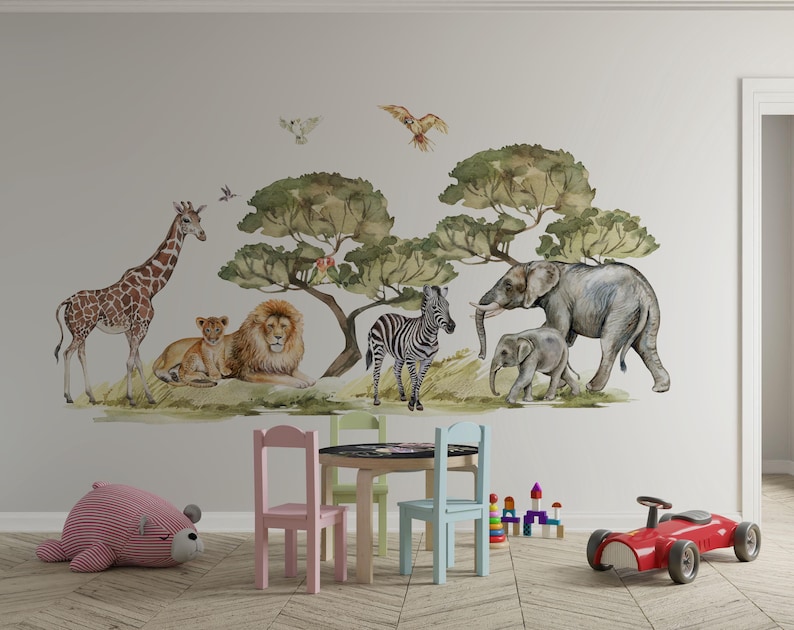 Adorable savanna wall decal for kids displaying giraffe wall decal alongside zebra stickers, tiger and lion in safari scene.