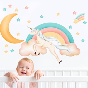 unicorn wall decal, Baby Room Wall decal, nursery wall sticker, rainbow wall decals, unicorn mural,