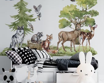 Forest Animals Wall Decal for Children's Room Baby Room Wall Sticker Fox Deer Tree Rabbit Badger Birds Wall Sticker Wall Decoration Mural