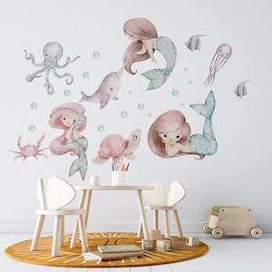 Mermaid Wall Decals, Nursery Wall Stickers, Ocean Theme Kids Room Decor, Underwater Wall Decals, Removable Mermaid Stickers