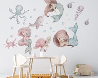 Peel and Stick Mermaid Wall decals– Nursery Underwater stickers for girls bedroom