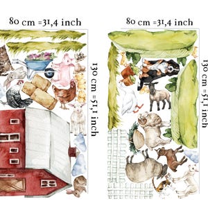 Pode incluir: Um conjunto de adesivos de animais de fazenda em aquarela, incluindo um celeiro vermelho, um porco, um galo, uma gansa, uma ovelha, uma vaca, um gato, um coelho e uma cerca. Os adesivos medem 80 cm por 130 cm, ou 31,4 polegadas por 51,1 polegadas.