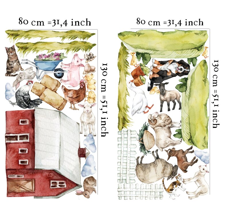 Pode incluir: Um conjunto de adesivos de animais de fazenda em aquarela, incluindo um celeiro vermelho, um porco, um galo, uma gansa, uma ovelha, uma vaca, um gato, um coelho e uma cerca. Os adesivos medem 80 cm por 130 cm, ou 31,4 polegadas por 51,1 polegadas.