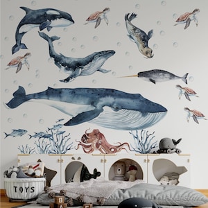 Ocean Animals Wall Decal,  sea animals wall sticker, Sticker Set Dolphin, seal, sea Turtle, Watercolor Peel and stick