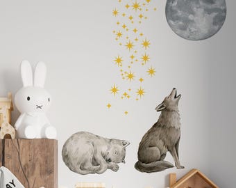 wolf and moon wall decals for kids room, woodland wall stickers for lids room