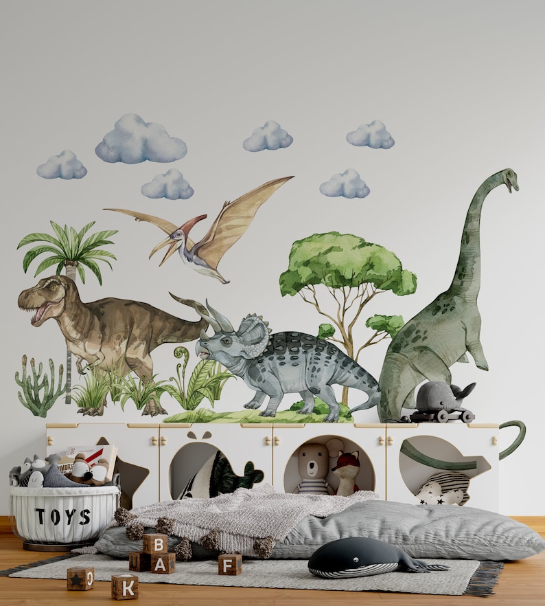 Grand ensemble de stickers muraux dinosaures, stickers muraux dinosaures, Jurassique dans la chambre de garçon, stickers dinosaures, art mural dinosaure, sticker mural enfant, brontosaurus + t rex