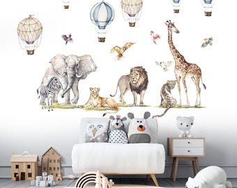 Wandtattoos mit Safari-Tieren und Heißluftballons, Aquarell-Kinderzimmer-Set