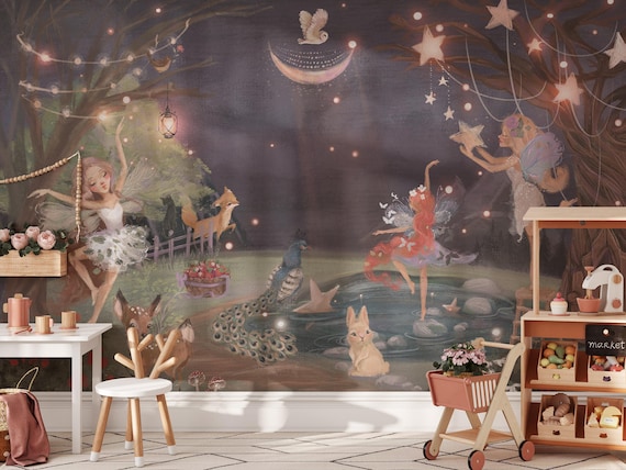 fairy wallpaper,  fairy wall decor, nursery wallpaper, nursery wall decor, temporary wallpaper,  fairy garden wallpaper