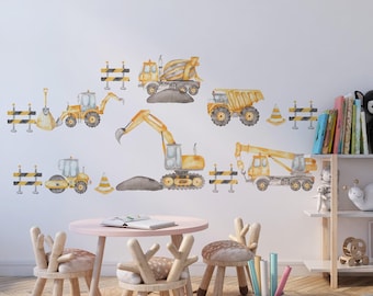 excavator wall decor, Kids Transport Wall Decal, Vehicle Wall Sticker, Boys Cars Wall Decal,