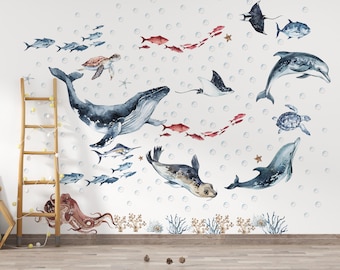Ocean Animals Wall Decal Nursery, ocean wall decal, sea animals wall sticker, Dolphin wall decal, sea wall decals