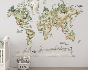 WORLD MAP Wall decal for kids, world map wall decal,  wall decal animals, world map decals, animal wall stickers, boy nursery decor