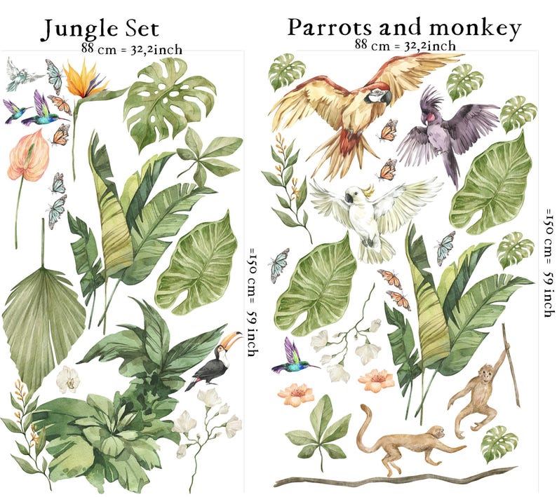 calcomanías de la selva para guardería, pegatinas de la selva, calcomanías de pared para guardería, calcomanías para habitación infantil, calcomanía de mariposa, calcomanía de pájaros tropicales, imagen 3