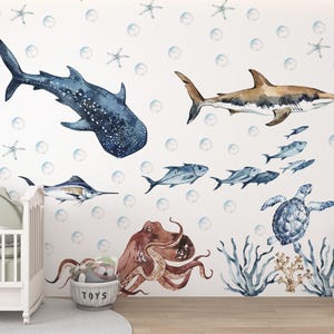 Ocean Animals Wall Decal for Kids and Nursery,  sea animals wall sticker, Sticker Set Shark, sea Turtle, Watercolor Peel and stick