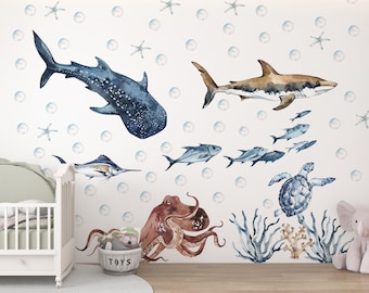Ocean Animals Wall Decal for Kids and Nursery,  sea animals wall sticker, Sticker Set Shark, sea Turtle, Watercolor Peel and stick