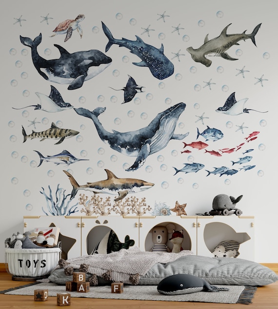 Ocean Animals Wall Decal for Kids and Nursery Shark Wall Decals Ocean Wall Stickers Sea Animals Wall Sticker OCEAN Life With Whale Etsy UK
