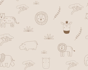 May include: A seamless pattern on a light beige background featuring brown line art illustrations of safari animals including lions, elephants, hippos, and zebras, interspersed with acacia trees, leafy branches, and small tufts of grass.