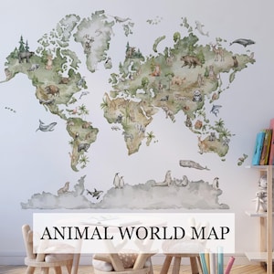 May include: A wall decal featuring a world map in muted green and brown tones, decorated with various watercolor-style animals placed across the continents. The map includes illustrations of bears, giraffes, whales, and other wildlife species.
