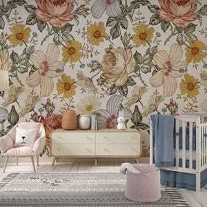 floral wallpaper, boho wallpaper, removable wallpaper, peel stick wallpaper, temporary wallpaper, kids room wallpaper image 7